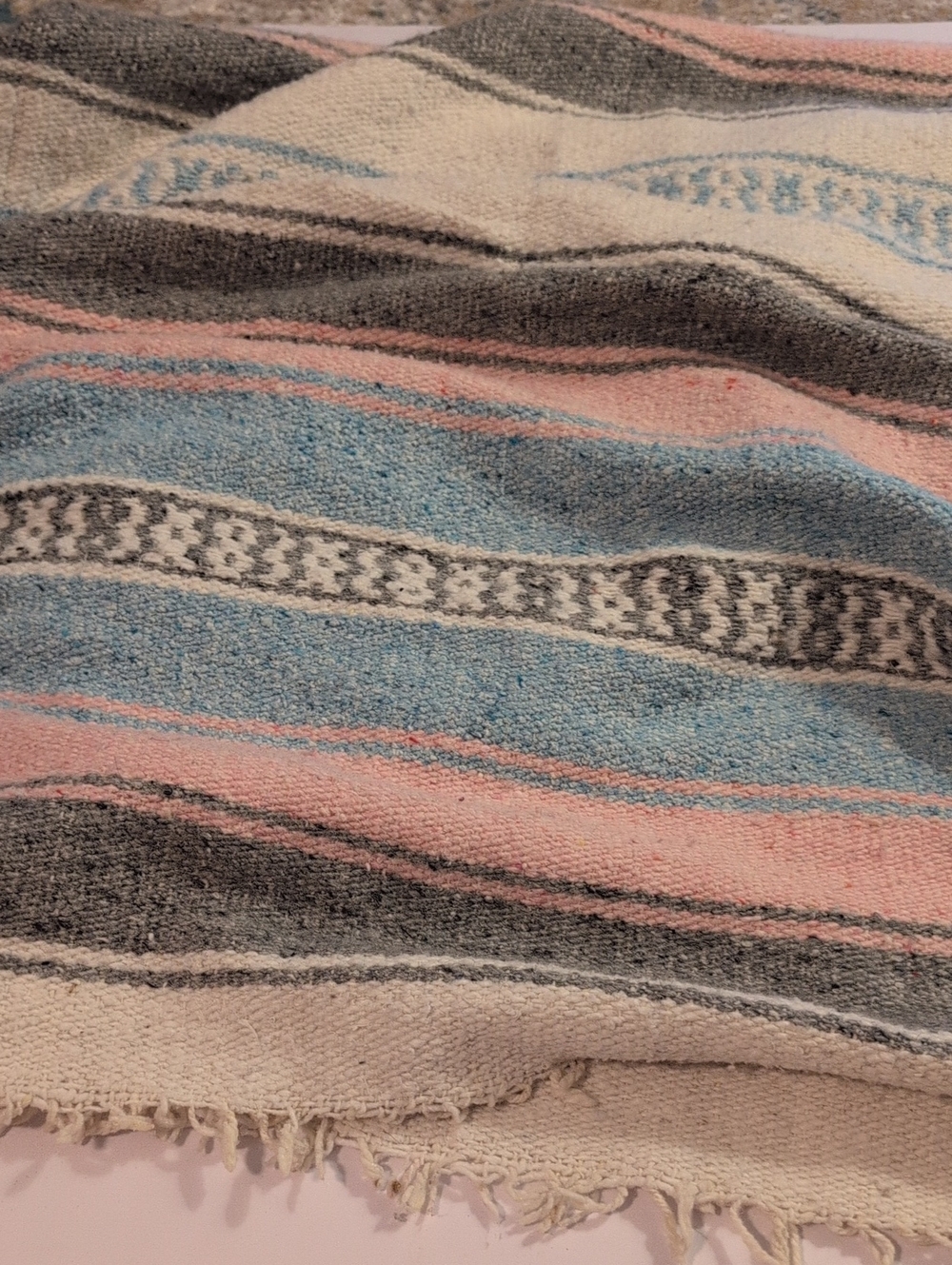 Woven Mexican Blanket Gray Pink Blue 50x76
